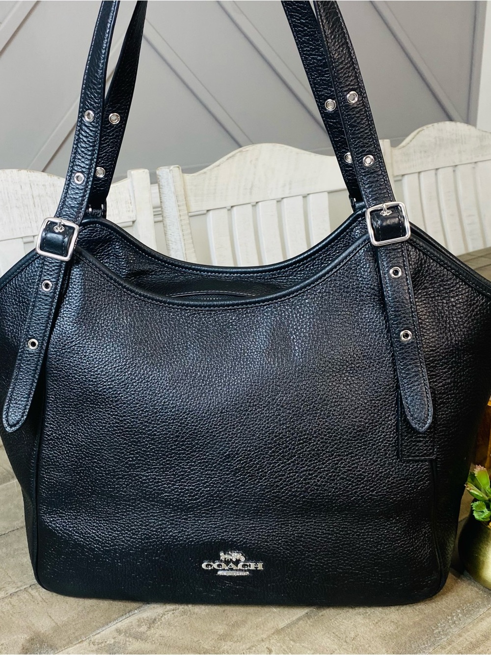 COACH Meadow Shoulder Bag Black Refined Pebble Leather Tote Silver HW CM074 - Picture 4 of 15